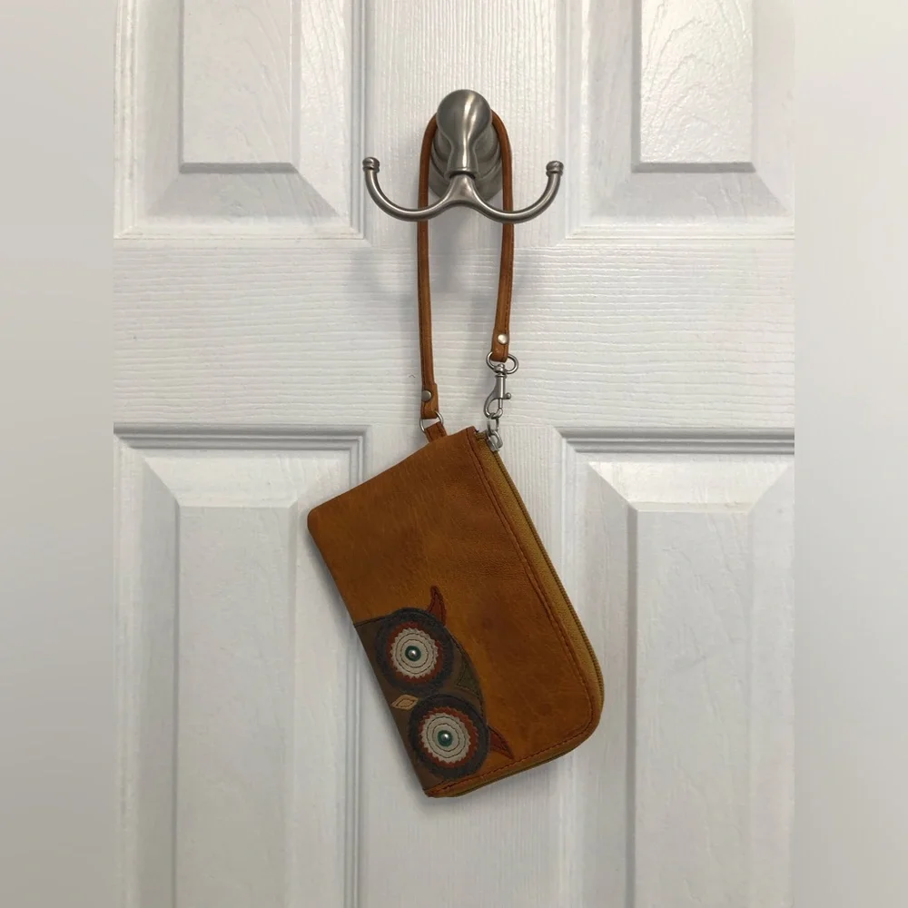 Fossil Brown Leather Owl Zip-around Wristlet Wallet Clutch Novelty